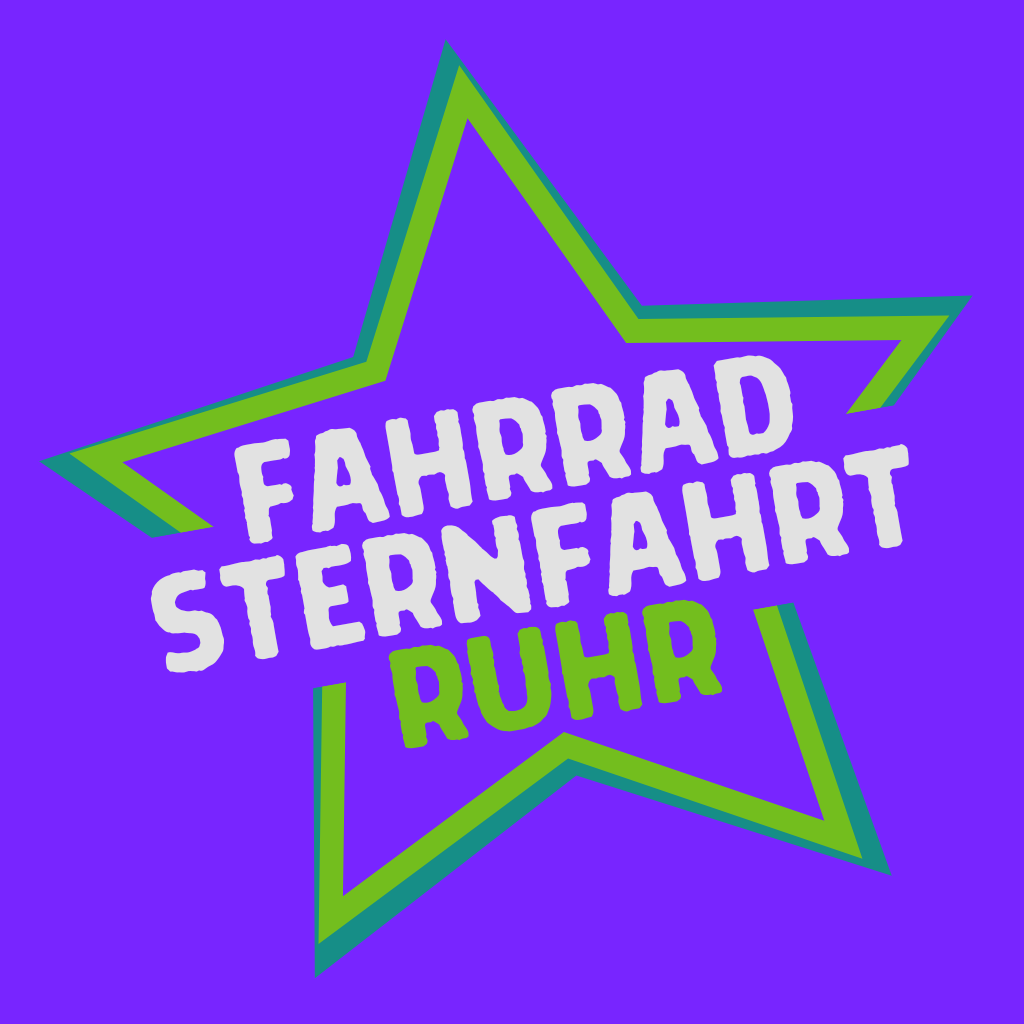 Schriftzug "Fahrradsternfahrt Ruhr" in einem grünen Stern auf lila Hintergrund