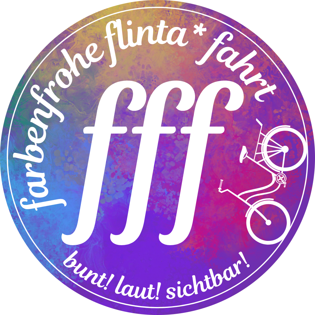 Kreisrundes buntes Logo mit drei fff in der Mitte, einem stilisierten Fahrrad mit Tiefeinstieg und rundem Schriftzug "farbenfrohe flinta* fahrt - bunt! laut! sichtbar!"