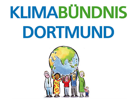 Logo des Klimabündnis Dortmund mit einer gezeichneten Weltkugel, die von mehreren Personen unterschiedlichen Aussehens getragen wird